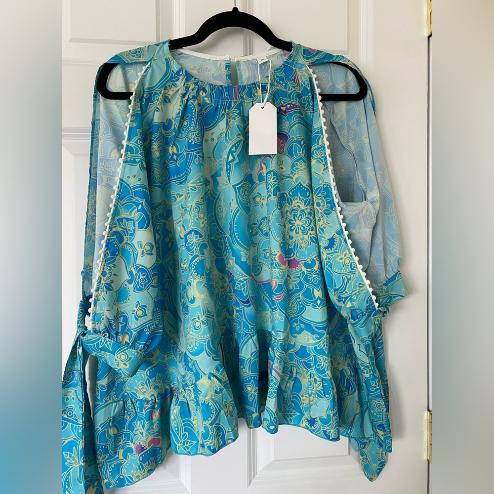 Cold shoulder long split sleeve blouse, new multi colored XL